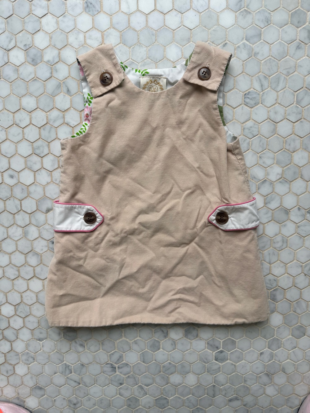 The Beaufort Bonnet Company Beige Pinafore Dress with Pink Trim
